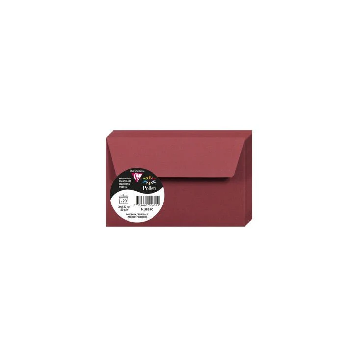 20 enveloppes CLAIREFONTAINE Pollen - 90 x 140 mm - 120 g/m² - Bordeaux